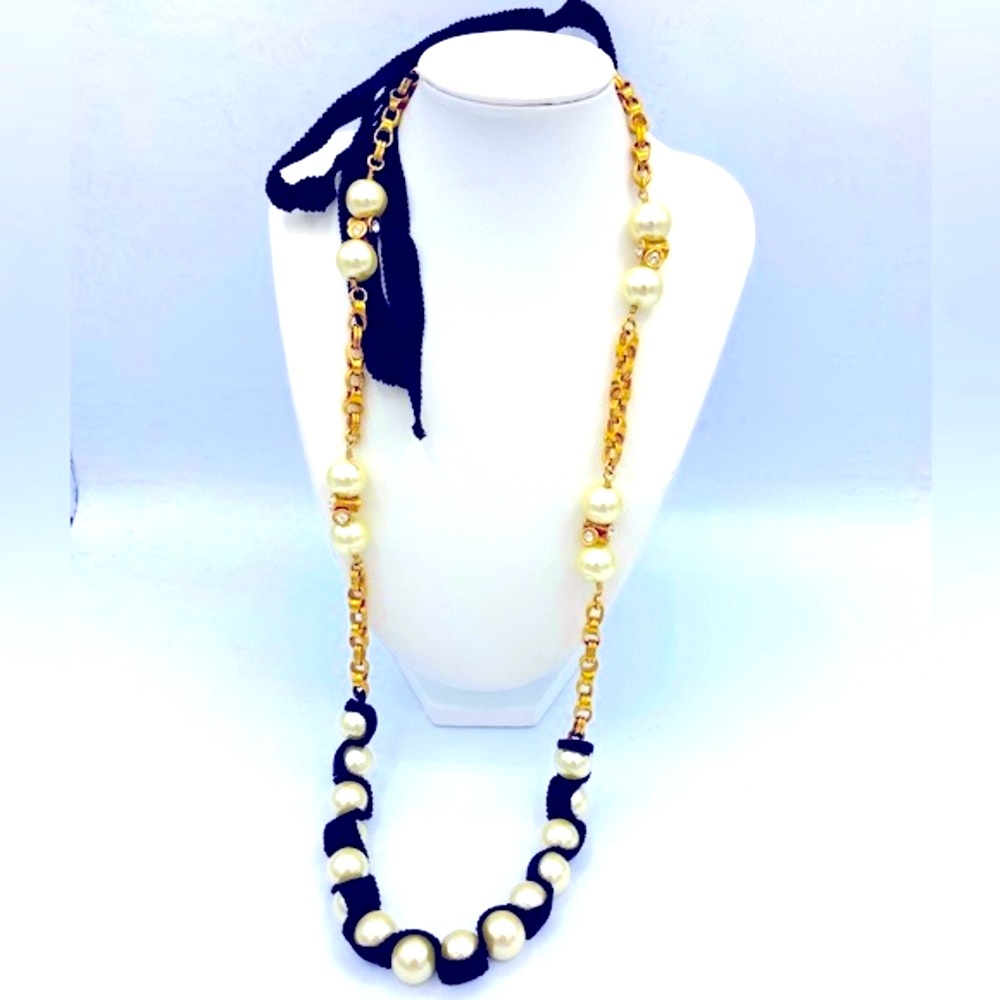 Designer JCrew Gold Tone Faux Pearl, Rhinestone Adjustable Black Ribbon Necklace